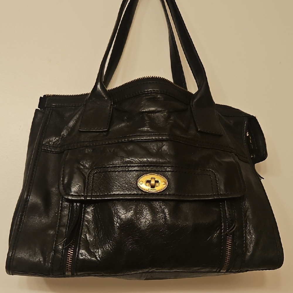 Fossil Black Leather Satchel Handbag with Gold Turn-Lock
